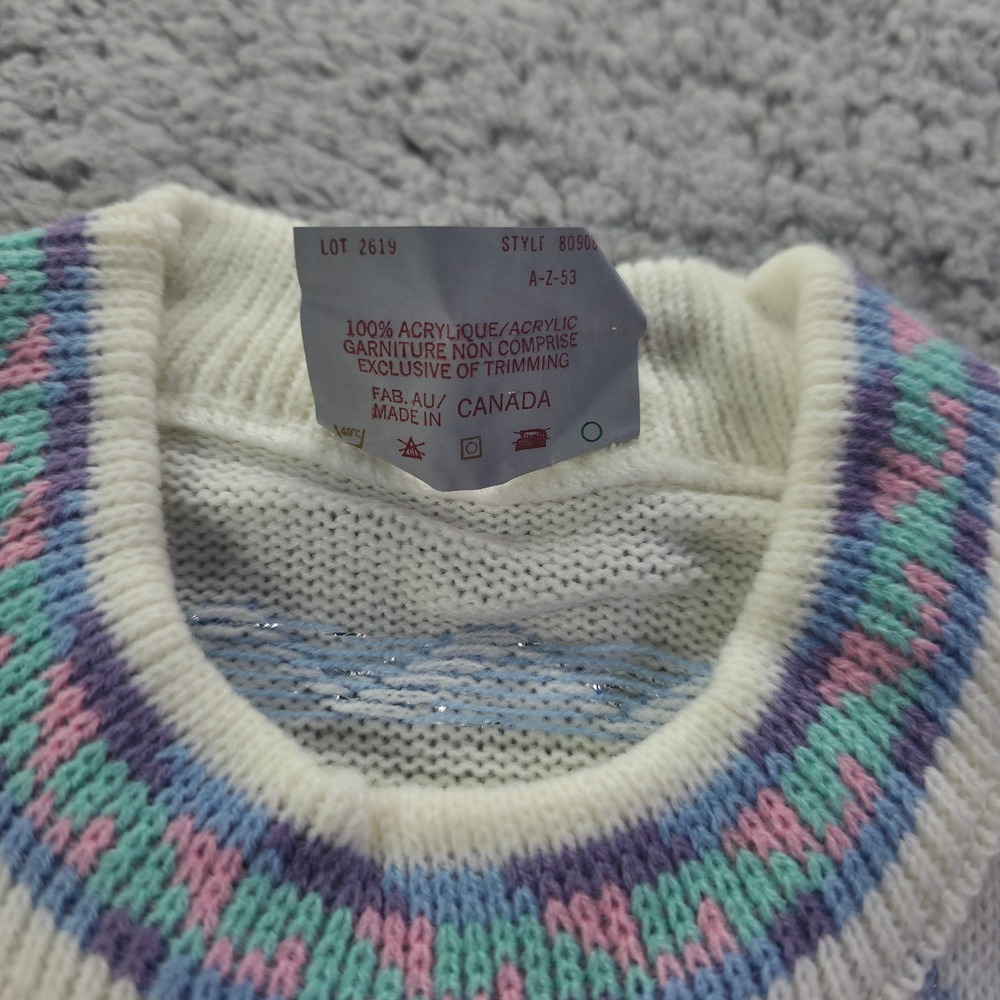 Vintage Zephyr Kids White Pastel Fair Isle Metallic Knit Sweater Canada S - Picture 3 of 7
